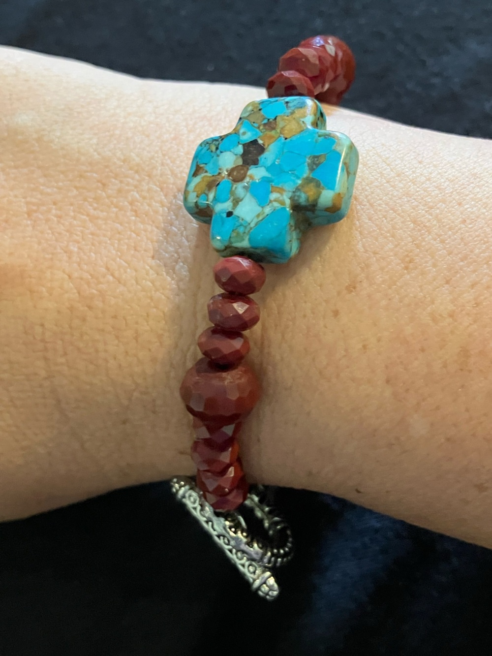 Southwestern Spiny Oyster Copper Turquoise Cross Beaded Bracelet 8"